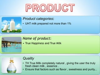 Product categories:
• UHT milk prepared not more than 1%
Name of product:
• True Happiness and True Milk
Quality
• TH True Milk completely natural , giving the user the truly
fresh clean milk , essence .
• Ensure that factors such as flavor , sweetness and purity...
 