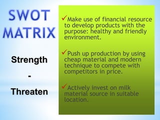 Make use of financial resource
to develop products with the
purpose: healthy and friendly
environment.
Push up production by using
cheap material and modern
technique to compete with
competitors in price.
Actively invest on milk
material source in suitable
location.
Strength
-
Threaten
 