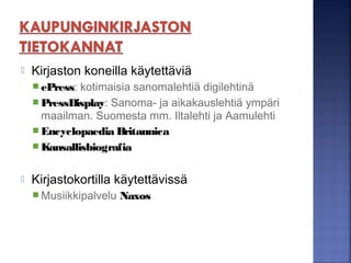  Tuloslistan kärkeen nousevat sivut:
 Hakusanat esiintyvät usein, lähekkäin, ja sivun
alkuosassa
 Hakusanat ovat tärkeissä osioissa esim. otsikossa
 Sivulle on paljon linkkejä (huom. mainoslinkit
lasketaan)
 Muita vaikuttajia: Page ranking, tulosten personointi,
hakukoneoptimointi
 Sijoitus tuloslistalla ei kerro luotettavuutta!
 Löytymättä jäävät esim.
 paljon kuvia tai videoita sisältävät sivut
 kirjautumista vaativat sivut
 sivut joilta hakurobotit on estetty
 