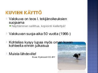  Valokuva on teos l. tekijänoikeuksien
suojaama
 Näyttäminen sallittua, kopiointi kiellettyä!
 Valokuvan suoja-aika 50 vuotta (1966-)
 Kohtelias kysyy lupaa myös oman kuvan
kohteelta ennen julkaisua
 Muista lähdeviite!
Kuva: Kyknoord CC-BY
 