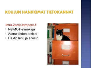  Tiedonhaku =
 järjestelmällistä ja suunnitelmallista
 haetaan luotettavia ja kattavia lähteitä
 monitahoinen tutkimuskysymys
 Tunne tiedontuottajat, asiantuntijat ja
perussivustot
 Googlaus on vaikeaa, jos aihe on vieras
 Termien valinta?
 Luotettavuuden arviointi?
 Millaista tietoa ylipäänsä on tarjolla?
 