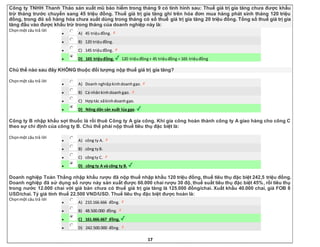 17
Công ty TNHH Thanh Thảo sản xuất mũ bảo hiểm trong tháng 9 có tình hình sau: Thuế giá trị gia tăng chưa được khấu
trừ tháng trước chuyển sang 45 triệu đồng. Thuế giá trị gia tăng ghi trên hóa đơn mua hàng phát sinh tháng 120 triệu
đồng, trong đó số hàng hóa chưa xuất dùng trong tháng có số thuế giá trị gia tăng 20 triệu đồng. Tổng số thuế giá trị gia
tăng đầu vào được khấu trừ trong tháng của doanh nghiệp này là:
Chọnmột câu trả lời
 A) 45 triệuđồng.
 B) 120 triệuđồng.
 C) 145 triệuđồng.
 D) 165 triệuđồng. 120 triệuđồng+ 45 triệuđồng = 165 triệuđồng
Chủ thể nào sau đây KHÔNG thuộc đối tượng nộp thuế giá trị gia tăng?
Chọnmột câu trả lời
 A) Doanh nghiệpkinhdoanhgạo.
 B) Cá nhânkinhdoanhgạo.
 C) Hợptác xãkinhdoanhgạo.
 D) Nông dân sản xuất lúa gạo.
Công ty B nhập khẩu sợi thuốc lá rồi thuê Công ty A gia công. Khi gia công hoàn thành công ty A giao hàng cho công C
theo sự chỉ định của công ty B. Chủ thể phải nộp thuế tiêu thụ đặc biệt là:
Chọnmột câu trả lời
 A) công ty A.
 B) công tyB.
 C) côngty C.
 D) công ty A và công ty B.
Doanh nghiệp Toàn Thắng nhập khẩu rượu đã nộp thuế nhập khẩu 120 triệu đồng, thuế tiêu thụ đặc biệt 242,5 triệu đồng.
Doanh nghiệp đã sử dụng số rượu này sản xuất được 60.000 chai rượu 30 độ, thuế suất tiêu thụ đặc biệt 45%, rồi tiêu thụ
trong nước 12.000 chai với giá bán chưa có thuế giá trị gia tăng là 125.000 đồng/chai. Xuất khẩu 40.000 chai, giá FOB 8
USD/chai. Tỷ giá tính thuế 22.500 VND/USD. Thuế tiêu thụ đặc biệt được hoàn là:
Chọnmột câu trả lời
 A) 210.166.666 đồng.
 B) 48.500.000 đồng.
 C) 161.666.667 đồng.
 D) 242.500.000 đồng.
 