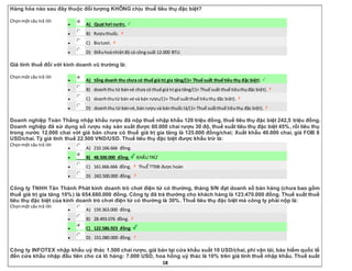 18
Hàng hóa nào sau đây thuộc đối tượng KHÔNG chịu thuế tiêu thụ đặc biệt?
Chọnmột câu trả lời
 A) Quạt hơi nước.
 B) Rượuthuốc.
 C) Biatươi.
 D) Điềuhoànhiệtđộ có công suất 12.000 BTU.
Giá tính thuế đối với kinh doanh vũ trường là:
Chọnmột câu trả lời
 A) tổng doanh thu chưa có thuế giá trị gia tăng/(1+ Thuế suất thuế tiêu thụ đặc biệt).
 B) doanhthu từ bánvé chưa có thuế giá trị gia tăng/(1+ Thuế suất thuế tiêuthụđặc biệt).
 C) doanhthutừ bán vé và bán rượu/(1+ Thuế suấtthuế tiêuthụ đặc biệt).
 D) doanhthu từ bánvé,bán rượu và bánthuốc lá/(1+ Thuế suấtthuế tiêuthụ đặc biệt).
Doanh nghiệp Toàn Thắng nhập khẩu rượu đã nộp thuế nhập khẩu 120 triệu đồng, thuế tiêu thụ đặc biệt 242,5 triệu đồng.
Doanh nghiệp đã sử dụng số rượu này sản xuất được 60.000 chai rượu 30 độ, thuế suất tiêu thụ đặc biệt 45%, rồi tiêu thụ
trong nước 12.000 chai với giá bán chưa có thuế giá trị gia tăng là 125.000 đồng/chai; Xuất khẩu 40.000 chai, giá FOB 8
USD/chai. Tỷ giá tính thuế 22.500 VND/USD. Thuế tiêu thụ đặc biệt được khấu trừ là:
Chọnmột câu trả lời
 A) 210.166.666 đồng.
 B) 48.500.000 đồng. KHẤU TRỪ
 C) 161.666.666 đồng. ThuẾ TTĐB được hoàn
 D) 242.500.000 đồng.
Công ty TNHH Tân Thành Phát kinh doanh trò chơi điện tử có thưởng, tháng 9/N đạt doanh số bán hàng (chưa bao gồm
thuế giá trị gia tăng 10%) là 654.680.000 đồng. Công ty đã trả thưởng cho khách hàng là 123.470.000 đồng. Thuế suất thuế
tiêu thụ đặc biệt của kinh doanh trò chơi điện tử có thưởng là 30%. Thuế tiêu thụ đặc biệt mà công ty phải nộp là:
Chọnmột câu trả lời
 A) 159.363.000 đồng.
 B) 28.493.076 đồng.
 C) 122.586.923 đồng.
 D) 151.080.000 đồng.
Công ty INFOTEX nhập khẩu uỷ thác 1.500 chai rượu, giá bán tại cửa khẩu xuất 10 USD/chai, phí vận tải, bảo hiểm quốc tế
đến cửa khẩu nhập đầu tiên cho cả lô hàng: 7.000 USD, hoa hồng uỷ thác là 10% trên giá tính thuế nhập khẩu. Thuế suất
 