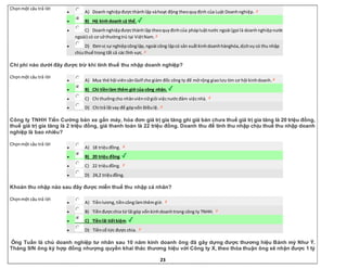 23
Chọnmột câu trả lời
 A) Doanh nghiệpđượcthànhlập vàhoạt động theoquyđịnh của Luật Doanhnghiệp.
 B) Hộ kinhdoanh cá thể.
 C) Doanhnghiệpđượcthànhlập theoquyđịnhcủa phápluậtnước ngoài (gọi là doanhnghiệpnước
ngoài) có cơ sở thườngtrú tại ViệtNam.
 D) Đơnvị sự nghiệpcônglập,ngoài công lậpcó sản xuấtkinhdoanhhànghóa,dịchvụ có thu nhập
chịuthuế trong tất cả các lĩnh vực.
Chi phí nào dưới đây được trừ khi tính thuế thu nhập doanh nghiệp?
Chọnmột câu trả lời
 A) Mua thẻ hội viênsânGolf cho giám đốc công ty để mở rộng giaolưu tìm cơ hội kinhdoanh.
 B) Chi tiềnlàm thêm giờ của công nhân.
 C) Chi thưởngcho nhânviênnữgiỏi việcnướcđảm việcnhà.
 D) Chi trả lãi vay để gópvốn Điềulệ.
Công ty TNHH Tiến Cường bán xe gắn máy, hóa đơn giá trị gia tăng ghi giá bán chưa thuế giá trị gia tăng là 20 triệu đồng,
thuế giá trị gia tăng là 2 triệu đồng, giá thanh toán là 22 triệu đồng. Doanh thu để tính thu nhập chịu thuế thu nhập doanh
nghiệp là bao nhiêu?
Chọnmột câu trả lời
 A) 18 triệuđồng.
 B) 20 triệu đồng.
 C) 22 triệuđồng.
 D) 24,2 triệuđồng.
Khoản thu nhập nào sau đây được miễn thuế thu nhập cá nhân?
Chọnmột câu trả lời
 A) Tiềnlương,tiềncônglàmthêmgiờ.
 B) Tiềnđượcchia từ lãi góp vốnkinhdoanhtrong công ty TNHH.
 C) Tiềnlãi tiếtkiệm.
 D) Tiềncổ tức được chia.
Ông Tuấn là chủ doanh nghiệp tư nhân sau 10 năm kinh doanh ông đã gây dựng được thương hiệu Bánh mỳ Như Ý.
Tháng 9/N ông ký hợp đồng nhượng quyền khai thác thương hiệu với Công ty X, theo thỏa thuận ông sẽ nhận được 1 tỷ
 