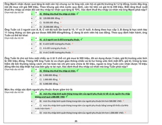 25
Ông Mạnh nhận được quà tặng là một căn hộ chung cư từ ông nội, căn hộ có giá thị trường là 1,2 tỷ đồng, trước đây ông
nội đã mua với giá 500 triệu. Theo khung giá nhà nước quy định, căn hộ trên có giá trị là 350 triệu. Biết rằng thuế suất
thuế thu nhập cá nhân đối với thu nhập từ nhận quà tặng là 10%. Xác định thuế thu nhập cá nhân mà ông Mạnh phải nộp?
Chọnmột câu trả lời
 A) Không chịuthuế thu nhập cá nhân.
 B) 120.000.000 đồng.
 C) 50.000.000 đồng.
 D) 25.000.000 đồng.
Ông Tuấn có 3 người con A, B, C với độ tuổi lần lượt là 15, 17 và 21 tuổi. A đang theo học cấp 3, B đang là học sinh lớp
11 hàng tháng có làm gia sư được 600.000 đồng/tháng, C đang là sinh viên hệ cao đẳng. Theo quy định hiện hành, ông
Tuấn có thể kê khai:
Chọnmột câu trả lời
 A) cả 3 người con là đối tượngphụ thuộc.
 B) A vàB làđối tượngphụ thuộc.
 C) A là đối tượngphụthuộc.
 D) A và C làđối tượngphụ thuộc.
Ông Tuấn là chủ sở hữu một chiếc xe ô tô 5 chỗ có giá mua là 500 triệu, đã sử dụng được 3 năm, giá thị trường ước tính
là 350 triệu đồng. Tháng 9/N ông Tuấn bị va chạm giao thông chiếc xe bị hư hỏng ước tính mất 20% giá trị. Công ty bảo
hiểm đã bồi thường bằng cách chi trả toàn bộ chi phí sửa chữa là 50 triệu, ngoài ra ông Tuấn còn nhận được 10 triệu
đồng tiền bù đắp thiệt hại của bên gây ra tai nạn. Xác định thuế thu nhập cá nhân mà ông Tuấn phải nộp?
Chọnmột câu trả lời
 A) Không chịuthuế thu nhập cá nhân.
 B) 5.000.000 đồng.
 C) 1.000.000 đồng.
 D) 6.000.000 đồng.
Mức thu nhập xác định người phụ thuộc được giảm trừ là:
Chọnmột câu trả lời
 A) mức thu nhập bình quân tháng trong năm của người phụ thuộc từ tất cả các nguồn thu nhập
không vượtquá 1.000.000 VND.
 B) mức thunhập bình quântháng trongnăm của người phụthuộclớnhơn500.000 VND.
 C) mức thunhập bình quântháng trongnăm của người phụthuộc bằng lươngtối thiểucủaNhà
nước hiệnhành.
 D) mức thunhập bình quântháng trong nămcủa người phụthuộclớnhơn1.000.000 VND.
 