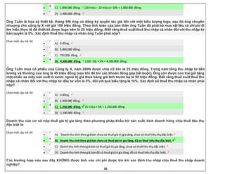 35
 C) 1.000.000 đồng. (20 triệu– 10 triệu) × 10% = 1.000.000 đồng.
 D) 1.400.000 đồng.
Ông Tuấn là họa sỹ thiết kế, tháng 9/N ông có đăng ký quyền tác giả đối với một biểu tượng logo, sau đó ông chuyển
nhượng cho công ty X với giá 100 triệu đồng. Theo tính toán của bản thân ông Tuấn đã phải bỏ mua vật liệu và chi phí đi
tìm hiểu thực tế để thiết kế được logo trên là 25 triệu đồng. Biết rằng thuế suất thuế thu nhập cá nhân đối với thu nhập từ
bản quyền là 5%. Xác định thuế thu nhập cá nhân ông Tuấn phải nộp?
Chọnmột câu trả lời
 A) 0 đồng.
 B) 5.000.000 đồng.
 C) 750.000 đồng.
 D) 4.500.000 đồng. (100 -10) × 5% = 4.500.000 đồng.
Ông Tuấn mua cổ phiếu của Công ty X, năm 200N được chia cổ tức là 25 triệu đồng. Trong năm tổng thu nhập từ tiền
lương và thưởng của ông là 45 triệu đồng (sau khi đã trừ các khoản đóng góp bắt buộc). Ông còn được con trai gửi tặng
một chiếc xe máy sản xuất ở nước ngoài trị giá theo bảng giá tính trước bạ là 50 triệu đồng. Biết rằng thuế suất thuế thu
nhập cá nhân đối với thu nhập từ đầu tư vốn là 5%, đối với quà biếu tặng là 10%. Xác định số thuế thu nhập cá nhân phải
nộp?
Chọnmột câu trả lời
 A) 0 đồng.
 B) 1.200.000 đồng.
 C) 1.250.000 đồng. 25 triệu× 5% = 1.250.000 đồng.
 D) 1.100.000 đồng.
Doanh thu của cơ sở nộp thuế giá trị gia tăng theo phương pháp khấu trừ sản xuất, kinh doanh hàng chịu thuế tiêu thụ
đặc biệt là:
Chọnmột câu trả lời
 A) Doanhthu tính theogiábán chưa có thuế giá trị giatăng, chưa có thuế tiêuthụđặc biệt.
 B) Doanh thu tínhtheo giá bán chưa có thuế giá trị gia tăng, đã có thuế tiêuthụ đặc biệt.
 C) Doanhthu tính theogiábán có thuế giá trị giatăng, chưa có thuế tiêuthụđặc biệt.
 D) Doanhthu tính theogiá bánđã có thuế giá trị gia tăng,đã có thuế tiêuthụđặc biệt.
Các trường hợp nào sau đây KHÔNG được tính vào chi phí được trừ khi xác định thu nhập chịu thuế thu nhập doanh
nghiệp?
 