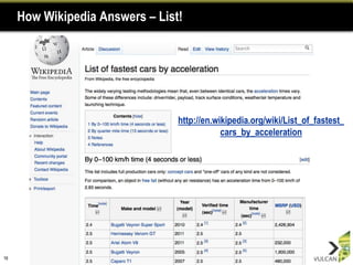 Software Support Makes Wikis SuccessfulTrivial to editby anyoneTracking of all changes, one-step rollbackEvery article has a “Talk” page for discussionNotification facility allows anyone to “watch” an articleSufficient security on pages, logins can be requiredA hierarchy of administrators, gardeners, and editorsSoftware Bots recognize certain kinds of vandalism and auto-revert, or recognize articles that need work, and flag them for editors14