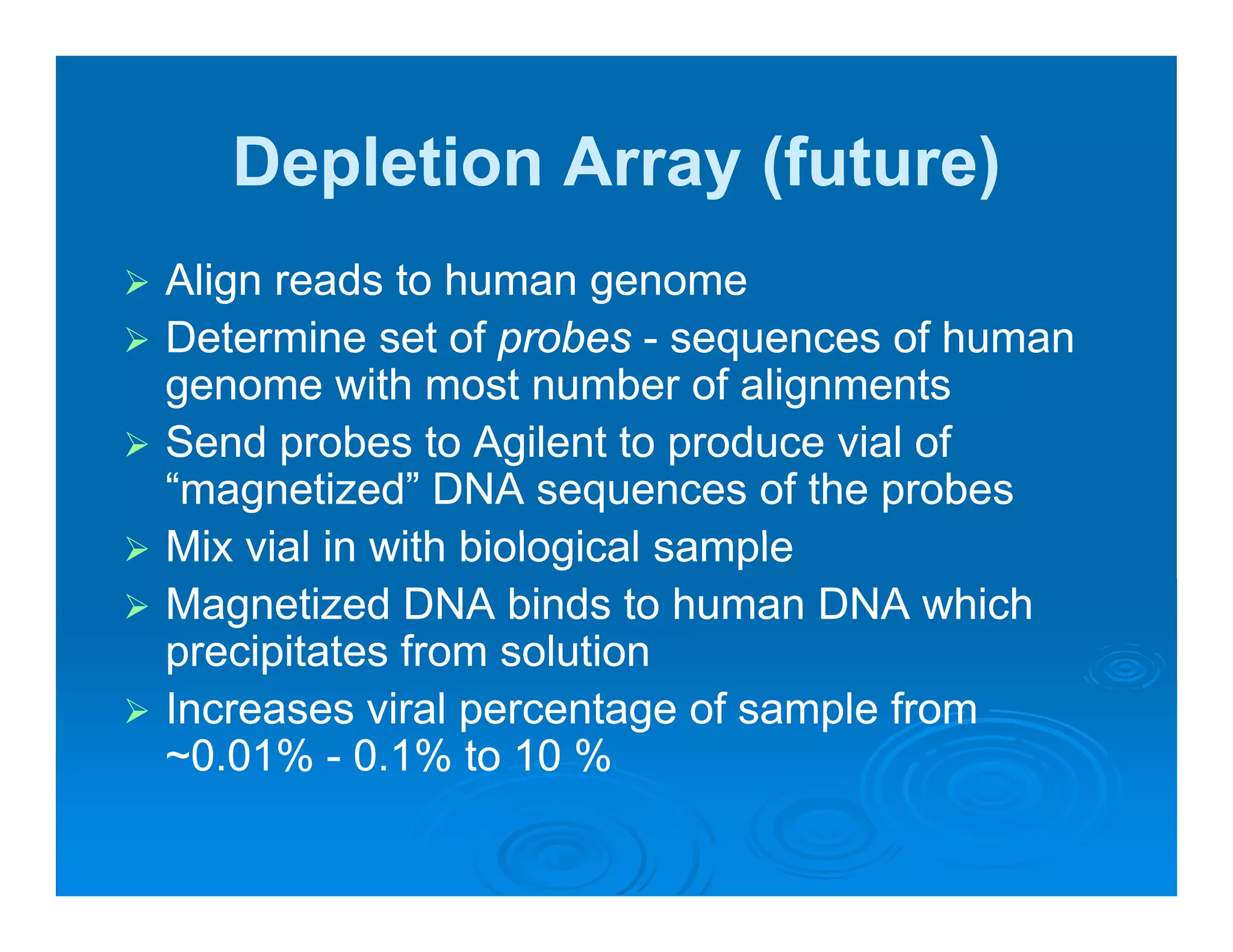 Depletion Array (future)
Align reads to human g
   g                   genome
Determine set of probes - sequences of human
genome with most number of alignments
Send probes to Agilent to produce vial of
“magnetized” DNA sequences of the probes
Mix i l in ith biological
Mi vial i with bi l i l sample l
Magnetized DNA binds to human DNA which
precipitates from solution
Increases viral percentage of sample from
~0.01% - 0.1% to 10 %
 