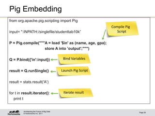 Pig Embedding
from org.apache.pig.scripting import Pig
                                                                   Compile Pig
input= ":INPATH:/singlefile/studenttab10k”                            Script


P = Pig.compile("""A = load '$in' as (name, age, gpa);
                   store A into ’output';""")

Q = P.bind({'in':input})                        Bind Variables


result = Q.runSingle()                         Launch Pig Script

result = stats.result('A')

for t in result.iterator():                     Iterate result
   print t


         Architecting the Future of Big Data
                                                                                 Page 28
         © Hortonworks Inc. 2011
 
