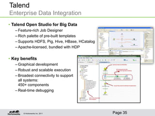 Talend
Enterprise Data Integration
• Talend Open Studio for Big Data
   – Feature-rich Job Designer
   – Rich palette of pre-built templates
   – Supports HDFS, Pig, Hive, HBase, HCatalog
   – Apache-licensed, bundled with HDP


• Key benefits
   – Graphical development
   – Robust and scalable execution
   – Broadest connectivity to support
     all systems:
     450+ components
   – Real-time debugging




       © Hortonworks Inc. 2011                   Page 35
 