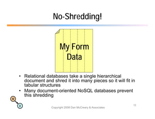 No-Shredding!


                          My Form
                           Data

    • Relational databases take a single hierarchical
      document and shred it into many pieces so it will fit in
      tabular structures
    • Many document-oriented NoSQL databases prevent
      this shreddingg
M

    D                                                          13
                    Copyright 2008 Dan McCreary & Associates
 