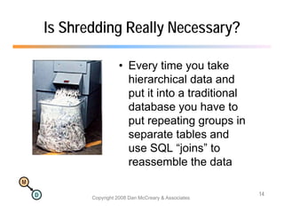 Is Shredding Really Necessary?

                         • Every time you take
                           hierarchical data and
                           put it into a traditional
                           database you have to
                           put repeating groups in
                           separate tables and
                           use SQL “joins” to
                                       joins
                           reassemble the data
M

    D                                                     14
               Copyright 2008 Dan McCreary & Associates
 