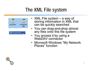 The XML File system
          • XML File system – a way of
            storing information in XML that
            can be quickly searched
          • You can drag-and-drop almost
            any fil onto thi fil system
                 files t this file   t
          • You access it by using a
            WebDAV connector
          • Microsoft Windows “My Network
            Places” function


M

    D                                         27
 