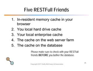 Five RESTFull Friends
    1. In-resident memory cache in your
       browser
    2. You local hard drive cache
    3. Your local enterprise cache
    4.
    4 The cache on the web server farm
    5. The cache on the database
              Please make sure to check with your RESTfull
              friends BEFORE you bother the database.
M

    D                                                        45
              Copyright 2011 Kelly-McCreary & Associates
 