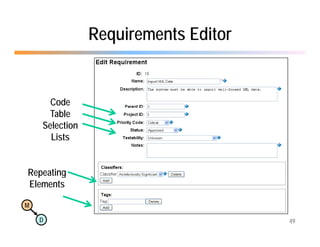 Requirements Editor


      Code
      Table
    Selection
      Lists


Repeating
R    ti
Elements

M

    D                                 49
 