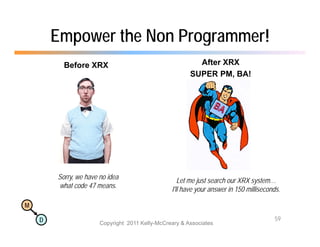 Empower the Non Programmer!
          Before XRX                                      After XRX
                                                        SUPER PM, BA!
                                                                  ,




        Sorry, we have no idea                      Let me just search our XRX system…
        what code 47 means.                      I'll have your answer in 150 milliseconds.

M

    D                                                                                   59
                       Copyright 2011 Kelly-McCreary & Associates
 