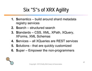Six "S"s of XRX Agility
    1. Semantics – build around shard metadata
       registry services
          i t       i
    2. Search – structured search
    3. Standards – CSS, XML, XPath, XQuery,
       XForms, XML Schemas
    4. Services – all XQ i are REST services
    4 S i           ll XQueries                i
    5. Solutions - that are quickly customized
    6. Super – Empower the non-programmers

M
                                                            61
    D          Copyright 2010 Kelly-McCreary & Associates
 