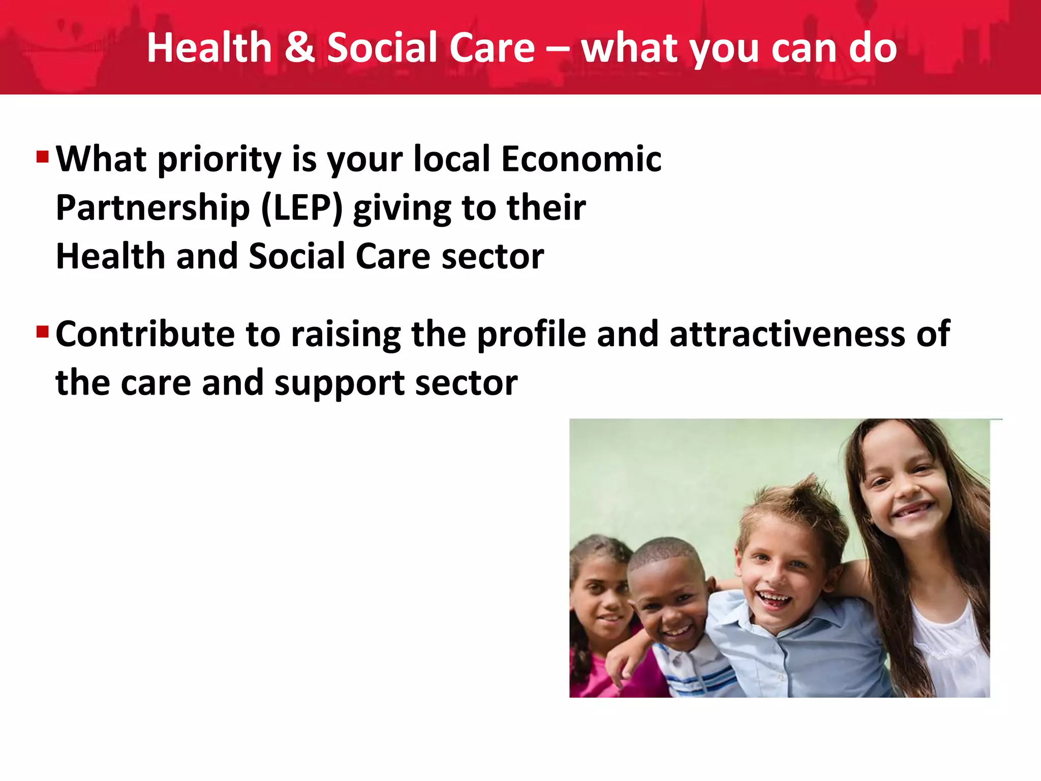 People Directorate
Health & Social Care – what you can do
What priority is your local Economic
Partnership (LEP) giving to their
Health and Social Care sector
Contribute to raising the profile and attractiveness of
the care and support sector