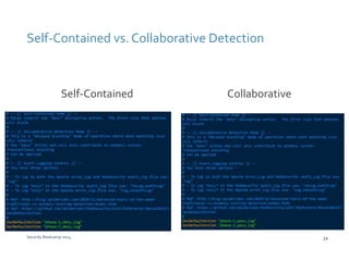 Self-Contained vs. Collaborative Detection 
Self-Contained Collaborative 
Security Bootcamp 2014 24 
 