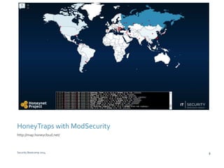 HoneyTraps with ModSecurity 
http://map.honeycloud.net/ 
Security Bootcamp 2014 8 
 