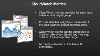 CloudWatch Metrics
• CloudWatch metrics provided for each load
balancer and target group.
• Provide detailed insight into the health of
the load balancer and application stack.
• CloudWatch alarms can be configured to
notify or take action should any metric go
outside of the acceptable range.
• All metrics provided at the 1-minute
granularity.
 