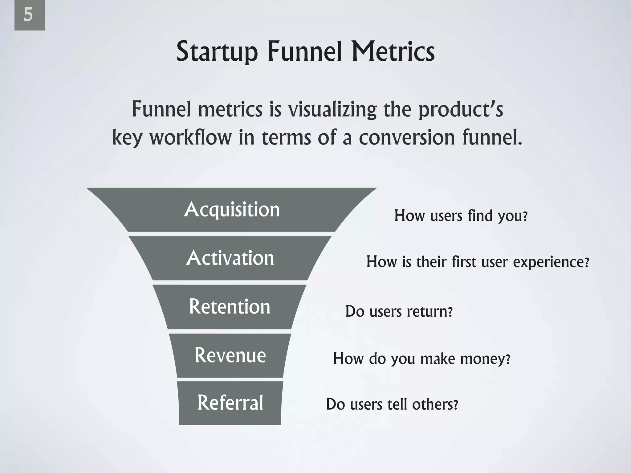 5
Startup Funnel Metrics
Revenue
Referral
Activation
Retention
Acquisition How users find you?
How is their first user experience?
Do users return?
How do you make money?
Do users tell others?
Funnel metrics is visualizing the product’s
key workflow in terms of a conversion funnel.
 