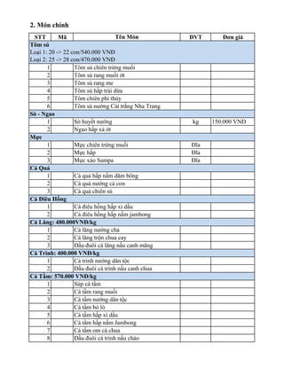 2. Món chính
 STT        Mã                     Tên Món           ĐVT      Đơn giá
Tôm sú
Loại 1: 20 -> 22 con/540.000 VNĐ
Loại 2: 25 -> 28 con/470.000 VNĐ
       1          Tôm sú chiên trứng muối
       2          Tôm sú rang muối ớt
       3          Tôm sú rang me
       4          Tôm sú hấp trái dừa
       5          Tôm chiên phỉ thúy
       6          Tôm sú nướng Cát trắng Nha Trang
Sò - Ngao
       1          Sò huyết nướng                     kg    150.000 VNĐ
       2          Ngao hấp xả ớt
Mực
       1          Mực chiên trứng muối               Đĩa
       2          Mực hấp                            Đĩa
       3          Mực xào Sampa                      Đĩa
Cá Quả
       1          Cá quả hấp nấm dăm bông
       2          Cá quả nướng cả con
       3          Cá quả chiên sù
Cá Điêu Hồng
       1          Cá điêu hồng hấp xì dầu
       2          Cá điêu hồng hấp nấm jambong
Cá Lăng: 480.000VNĐ/kg
       1          Cá lăng nướng chả
       2          Cá lăng trộn chua cay
       3          Đầu đuôi cá lăng nấu canh măng
Cá Trình: 400.000 VNĐ/kg
       1          Cá trình nướng dân tộc
       2          Đầu đuôi cá trình nấu canh chua
Cá Tầm: 570.000 VNĐ/kg
       1          Súp cá tầm
       2          Cá tầm rang muối
       3          Cá tầm nướng dân tộc
       4          Cá tầm bỏ lò
       5          Cá tầm hấp xì dầu
       6          Cá tầm hấp nấm Jambong
       7          Cá tầm om cà chua
       8          Đầu đuôi cá trình nấu cháo
 