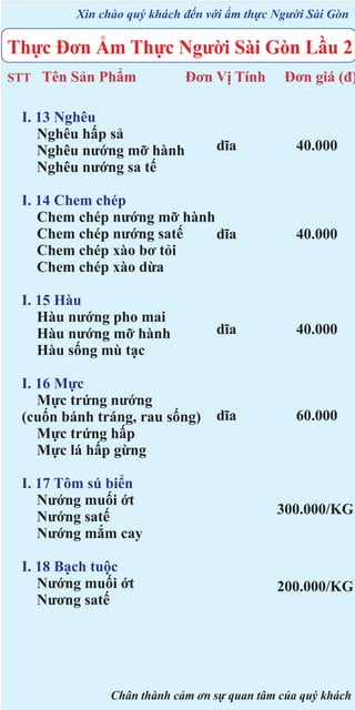 Xin chào quý khách đến với ẩm thực Người Sài Gòn

Thực Đơn Ẩm Thực Người Sài Gòn Lầu 2
Đơn Vị Tính

Đơn giá (đ)

dĩa

40.000

I. 14 Chem chép
Chem chép nướng mỡ hành
Chem chép nướng satế
dĩa
Chem chép xào bơ tỏi
Chem chép xào dừa

40.000

I. 15 Hàu
Hàu nướng pho mai
Hàu nướng mỡ hành
Hàu sống mù tạc

dĩa

40.000

I. 16 Mực
Mực trứng nướng
(cuốn bánh tráng, rau sống)
Mực trứng hấp
Mực lá hấp gừng

dĩa

60.000

STT

Tên Sản Phẩm

I. 13 Nghêu
Nghêu hấp sả
Nghêu nướng mỡ hành
Nghêu nướng sa tế

I. 17 Tôm sú biển
Nướng muối ớt
Nướng satế
Nướng mắm cay

300.000/KG

I. 18 Bạch tuộc
Nướng muối ớt
Nương satế

200.000/KG

Chân thành cảm ơn sự quan tâm của quý khách

 