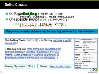 Define Classes

      On Page Beijing a city in [[Has
             Beijing is
             country::China]], with population
      One possible solution:
             [[Has population::2,200,000]].
          – Beijing is a [[Is a::city]]
               [[Category::Cities]]

      Categories are used to define classes because they are better for class inheritance.


     The Jin Mao Tower (金茂大厦) is an 88-story landmark supertall
     skyscraper in …

     [[Categories: 1998 architecture | Skyscrapers in
     Shanghai | Hotels in Shanghai | Skyscrapers over 350
     meters | Visitor attractions in Shanghai | Landmarks in
     Shanghai | Skidmore, Owings and Merrill buildings]]


     Category:Skyscrapers in China     Category: Skyscrapers by country

26
 