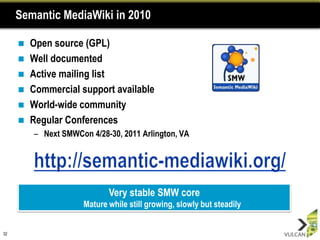 Semantic MediaWiki in 2010

        Open source (GPL)
        Well documented
        Active mailing list
        Commercial support available
        World-wide community
        Regular Conferences
         – Next SMWCon 4/28-30, 2011 Arlington, VA




                             Very stable SMW core
                      Mature while still growing, slowly but steadily


32
 