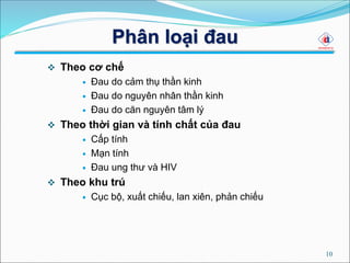  Theo cơ chế
 Đau do cảm thụ thần kinh
 Đau do nguyên nhân thần kinh
 Đau do căn nguyên tâm lý
 Theo thời gian và tính chất của đau
 Cấp tính
 Mạn tính
 Đau ung thư và HIV
 Theo khu trú
 Cục bộ, xuất chiếu, lan xiên, phản chiếu
10
Phân loại đau
 