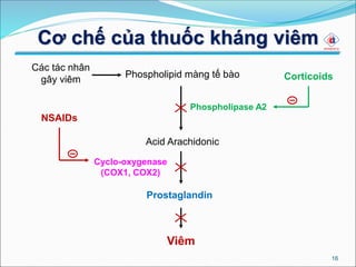 Cơ chế của thuốc kháng viêm
16
Các tác nhân
gây viêm
Phospholipid màng tế bào
Acid Arachidonic
Prostaglandin
Viêm
Cyclo-oxygenase
(COX1, COX2)
NSAIDs
Phospholipase A2
Corticoids
 