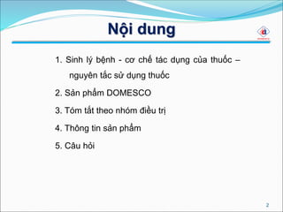 Nội dung
1. Sinh lý bệnh - cơ chế tác dụng của thuốc –
nguyên tắc sử dụng thuốc
2. Sản phẩm DOMESCO
3. Tóm tắt theo nhóm điều trị
4. Thông tin sản phẩm
5. Câu hỏi
2
 