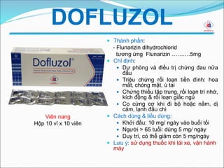  Thành phần:
- Flunarizin dihydrochlorid
tương ứng Flunarizin …….…5mg
 Chỉ định:
 Dự phòng và điều trị chứng đau nửa
đầu
 Triệu chứng rối loạn tiền đình: hoa
mắt, chóng mặt, ù tai
 Chứng thiếu tập trung, rối loạn trí nhớ,
kích động & rối loạn giấc ngủ
 Co cứng cơ khi đi bộ hoặc nằm, dị
cảm, lạnh đầu chi
 Cách dùng & liều dùng:
 Khởi đầu: 10 mg/ ngày vào buổi tối
 Người > 65 tuổi: dùng 5 mg/ ngày
 Duy trì, có thể giảm còn 5 mg/ngày
 Lưu ý: sử dụng thuốc khi lái xe, vận hành
máy
Viên nang
Hộp 10 vỉ x 10 viên
DOFLUZOL
 