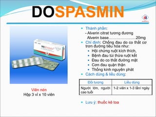  Thành phần:
- Alverin citrat tương đương
Alverin base…………………20mg
 Chỉ định: Chống đau do co thắt cơ
trơn đường tiêu hóa như:
 Hội chứng ruột kích thích,
 Bệnh đau túi thừa ruột kết
 Đau do co thắt đường mật
 Cơn đau quặn thận
 Thống kinh nguyên phát
 Cách dùng & liều dùng:
 Lưu ý: thuốc kê toa
Viên nén
Hộp 3 vỉ x 10 viên
DOSPASMIN
Đối tượng Liều dùng
Người lớn, người
cao tuổi
1-2 viên x 1-3 lần/ ngày
 