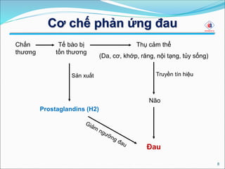 Cơ chế phản ứng đau
8
Chấn
thương
Thụ cảm thể
(Da, cơ, khớp, răng, nội tạng, tủy sống)
Não
Prostaglandins (H2)
Đau
Truyền tín hiệu
Tế bào bị
tổn thương
Sản xuất
 