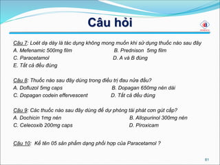Câu hỏi
Câu 7: Loét dạ dày là tác dụng không mong muốn khi sử dụng thuốc nào sau đây
A. Mefenamic 500mg film B. Prednison 5mg film
C. Paracetamol D. A và B đúng
E. Tất cả đều đúng
Câu 8: Thuốc nào sau đây dùng trong điều trị đau nửa đầu?
A. Dofluzol 5mg caps B. Dopagan 650mg nén dài
C. Dopagan codein effervescent D. Tất cả đều đúng
Câu 9: Các thuốc nào sau đây dùng để dự phòng tái phát cơn gút cấp?
A. Dochicin 1mg nén B. Allopurinol 300mg nén
C. Celecoxib 200mg caps D. Piroxicam
Câu 10: Kể tên 05 sản phẩm dạng phối hợp của Paracetamol ?
81
 