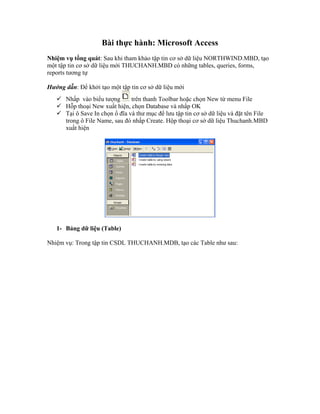 Bài thực hành: Microsoft Access
Nhiệm vụ tồng quát: Sau khi tham khảo tập tin cơ sở dữ liệu NORTHWIND.MBD, tạo
một tập tin cơ sở dữ liệu mới THUCHANH.MBD có những tables, queries, forms,
reports tương tự

Hướng dẫn: Để khởi tạo một tập tin cơ sở dữ liệu mới
       Nhấp vào biểu tượng       trên thanh Toolbar hoặc chọn New từ menu File
       Hỗp thoại New xuất hiện, chọn Database và nhấp OK
       Tại ô Save In chọn ổ đĩa và thư mục để lưu tập tin cơ sở dữ liệu và đặt tên File
       trong ô File Name, sau đó nhấp Create. Hộp thoại cơ sở dữ liệu Thuchanh.MBD
       xuất hiện




   1- Bảng dữ liệu (Table)

Nhiệm vụ: Trong tập tin CSDL THUCHANH.MDB, tạo các Table như sau:
 