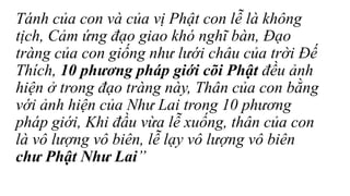 Tánh của con và của vị Phật con lễ là không
tịch, Cảm ứng đạo giao khó nghĩ bàn, Đạo
tràng của con giống như lưới châu của trời Đế
Thích, 10 phương pháp giới cõi Phật đều ảnh
hiện ở trong đạo tràng này, Thân của con bằng
với ảnh hiện của Như Lai trong 10 phương
pháp giới, Khi đầu vừa lễ xuống, thân của con
là vô lượng vô biên, lễ lạy vô lượng vô biên
chư Phật Như Lai”
 