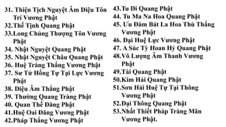 31. Thiện Tịch Nguyệt Âm Diệu Tôn
Trí Vương Phật
32.Thế Tịnh Quang Phật
33.Long Chủng Thượng Tôn Vương
Phật
34. Nhật Nguyệt Quang Phật
35. Nhật Nguyệt Châu Quang Phật
36. Huệ Tràng Thắng Vương Phật
37. Sư Tử Hống Tự Tại Lực Vương
Phật
38. Diệu Âm Thắng Phật
39. Thường Quang Tràng Phật
40. Quan Thế Đăng Phật
41.Huệ Oai Đăng Vương Phật
42.Pháp Thắng Vương Phật
43.Tu Di Quang Phật
44. Tu Ma Na Hoa Quang Phật
45. Ưu Đàm Bát La Hoa Thù Thắng
Vương Phật
46. Đại Huệ Lực Vương Phật
47. A Súc Tỳ Hoan Hỷ Quang Phật
48.Vô Lượng Âm Thanh Vương
Phật
49.Tài Quang Phật
50.Kim Hải Quang Phật
51.Sơn Hải Huệ Tự Tại Thông
Vương Phật
52.Đại Thông Quang Phật
53.Nhất Thiết Pháp Tràng Mãn
Vương Phật.
 