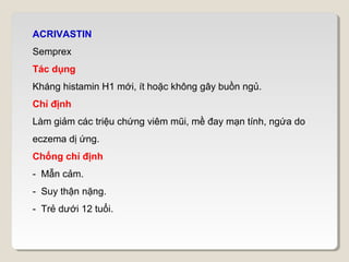 ACRIVASTIN
Semprex
Tác dụng
Kháng histamin H1 mới, ít hoặc không gây buồn ngủ.
Chỉ định
Làm giảm các triệu chứng viêm mũi, mề đay mạn tính, ngứa do
eczema dị ứng.
Chống chỉ định
- Mẫn cảm.
- Suy thận nặng.
- Trẻ dưới 12 tuổi.
 