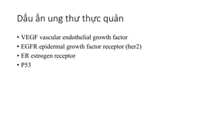 Dấu ấn ung thư thực quản
• VEGF vascular endothelial growth factor
• EGFR epidermal growth factor receptor (her2)
• ER estrogen receptor
• P53
 