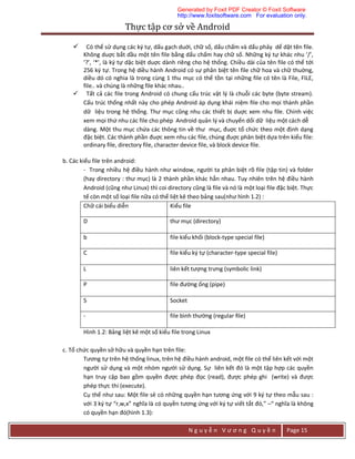 Thực	tập	cơ	sở	về	Android	
N g u y ễ n V ư ơ n g Q u y ề n Page 15
 Có thể sử dụng các ký tự, dấu gạch duới, chữ số, dấu chấm và dấu phảy dể dặt tên file.
Không duợc bắt dầu một tên file bằng dấu chấm hay chữ số. Những ký tự khác nhu ‘/’,
‘?’, ‘*’, là ký tự dặc biệt duợc dành riêng cho hệ thống. Chiều dài của tên file có thể tới
256 ký tự. Trong hệ diều hành Android có sự phân biệt tên file chữ hoa và chữ thuờng,
diều dó có nghia là trong cùng 1 thu mục có thể tồn tại những file có tên là File, FILE,
file.. và chúng là những file khác nhau..
 Tất cả các file trong Android có chung cấu trúc vật lý là chuỗi các byte (byte stream).
Cấu trúc thống nhất này cho phép Android áp dụng khái niệm file cho mọi thành phần
dữ liệu trong hệ thống. Thư mục cũng nhu các thiết bị duợc xem nhu file. Chính việc
xem mọi thứ nhu các file cho phép Android quản lý và chuyển dổi dữ liệu một cách dễ
dàng. Một thu mục chứa các thông tin về thư mục, đuợc tổ chức theo một định dạng
đặc biệt. Các thành phần đuợc xem nhu các file, chúng đuợc phân biệt dựa trên kiểu file:
ordinary file, directory file, character device file, và block device file.
b. Các kiểu file trên android:
- Trong nhiều hệ điều hành như window, người ta phân biệt rõ file (tập tin) và folder
(hay directory : thư mục) là 2 thành phần khác hẳn nhau. Tuy nhiên trên hệ điều hành
Android (cũng như Linux) thì coi directory cũng là file và nó là một loại file đặc biệt. Thực
tế còn một số loại file nữa có thể liệt kê theo bảng sau(như hình 1.2) :
Chữ cái biểu diễn Kiểu file
D thư mục (directory)
b file kiểu khối (block-type special file)
C file kiểu ký tự (character-type special file)
L liên kết tượng trưng (symbolic link)
P file đường ống (pipe)
S Socket
- file bình thường (regular file)
Hình 1.2: Bảng liệt kê một số kiểu file trong Linux
c. Tổ chức quyền sở hữu và quyền hạn trên file:
Tương tự trên hệ thống linux, trên hệ điều hành android, một file có thể liên kết với một
người sử dụng và một nhóm người sử dụng. Sự liên kết đó là một tập hợp các quyền
hạn truy cập bao gồm quyền được phép đọc (read), được phép ghi (write) và được
phép thực thi (execute).
Cụ thể như sau: Một file sẻ có những quyền hạn tương ứng với 9 ký tự theo mẫu sau :
với 3 ký tự “r,w,x” nghĩa là có quyền tương ứng với ký tự viết tắt đó,” –“ nghĩa là không
có quyền hạn đó(hình 1.3):
Generated by Foxit PDF Creator © Foxit Software
http://www.foxitsoftware.com For evaluation only.
 