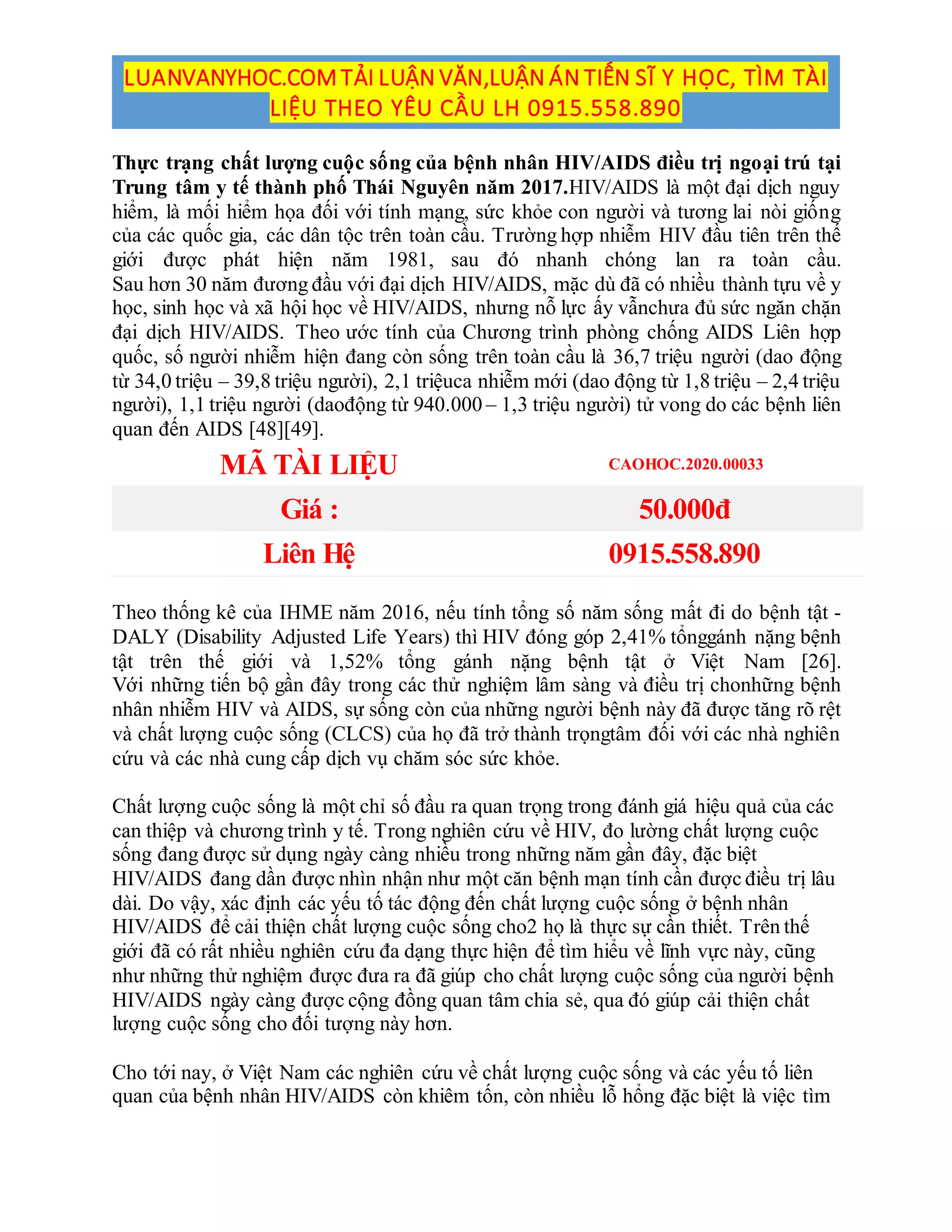 Thuc trang chat luong cuoc song cua benh nhan hiv aids dieu tri ngoai ...