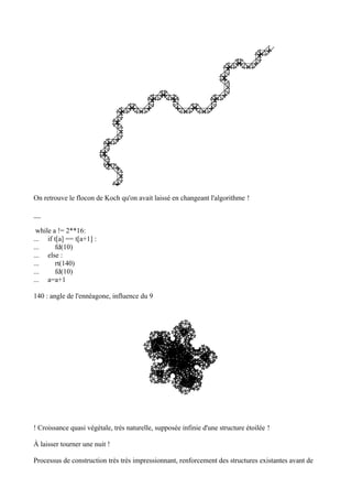 On retrouve le flocon de Koch qu'on avait laissé en changeant l'algorithme !
__
while a != 2**16:
... if t[a] == t[a+1] :
... fd(10)
... else :
... rt(140)
... fd(10)
... a=a+1
140 : angle de l'ennéagone, influence du 9
! Croissance quasi végétale, très naturelle, supposée infinie d'une structure étoilée !
À laisser tourner une nuit !
Processus de construction très très impressionnant, renforcement des structures existantes avant de
 