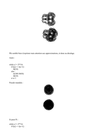 Phi semble bien s'exprimer mais attention aux approximations, et donc au décalage.
Autre :
while a != 2**16:
if t[a] == t[a+1] :
fd(10)
else :
rt(180-360/b)
fd(10)
a=a+1
Pseudo mandala :
Et pour Pi :
while a != 2**16:
if t[a] == t[a+1] :
 