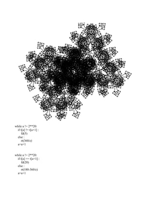 while a != 2**20:
if t[a] != t[a+1] :
fd(5)
else :
rt(360/e)
a=a+1
while a != 2**20:
if t[a] == t[a+1] :
fd(20)
else :
rt(180-360/e)
a=a+1
 