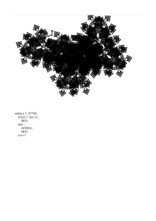 while a != 2**20:
if t[a] != t[a+1] :
fd(5)
else :
rt(360/e)
fd(5)
a=a+1
 