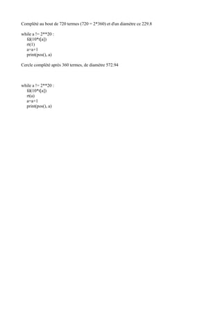 Complété au bout de 720 termes (720 = 2*360) et d'un diamètre ce 229.8
while a != 2**20 :
fd(10*t[a])
rt(1)
a=a+1
print(pos(), a)
Cercle complété après 360 termes, de diamètre 572.94
while a != 2**20 :
fd(10*t[a])
rt(a)
a=a+1
print(pos(), a)
 