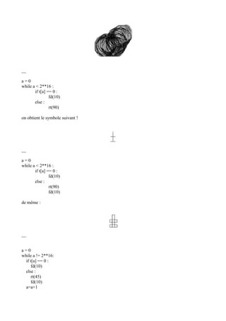 __
a = 0
while a < 2**16 :
if t[a] == 0 :
fd(10)
else :
rt(90)
on obtient le symbole suivant !
__
a = 0
while a < 2**16 :
if t[a] == 0 :
fd(10)
else :
rt(90)
fd(10)
de même :
__
a = 0
while a != 2**16:
if t[a] == 0 :
fd(10)
else :
rt(45)
fd(10)
a=a+1
 